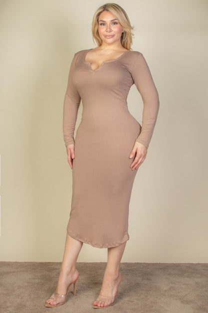 Plus Size Split Neck Long Sleeve Midi Dress