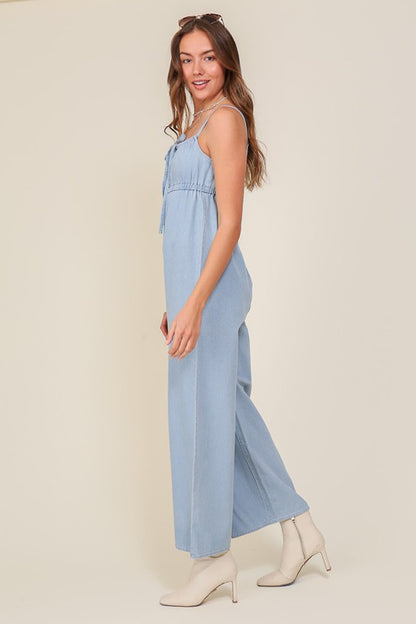 Denim Blue Sleeveless Jumpsuit With Self Jump Tie