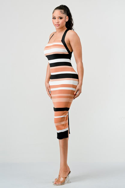 STRIPED BANDAGE MIDI DRESS