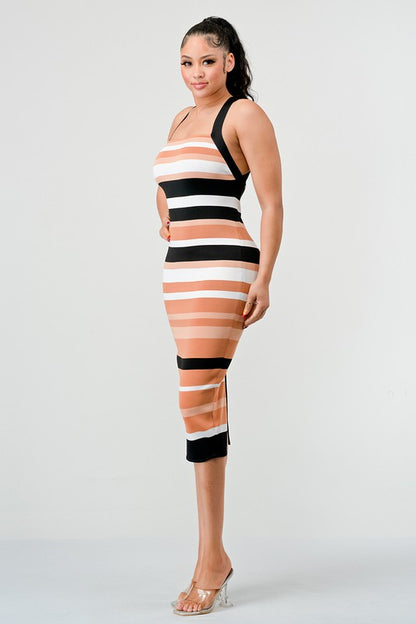 STRIPED BANDAGE MIDI DRESS