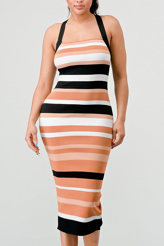 STRIPED BANDAGE MIDI DRESS