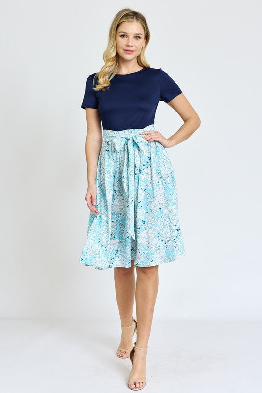 Short Sleeve Floral Sash Midi Dress