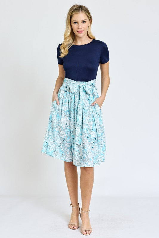 Short Sleeve Floral Sash Midi Dress