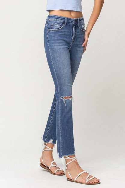 High Rise Distressed Hem Ankle Slim Straight Jeans