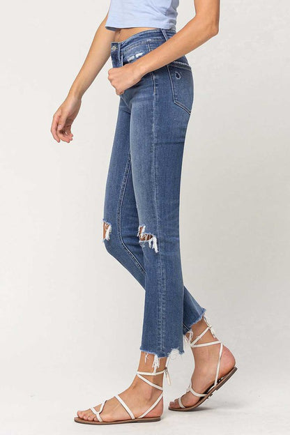 High Rise Distressed Hem Ankle Slim Straight Jeans