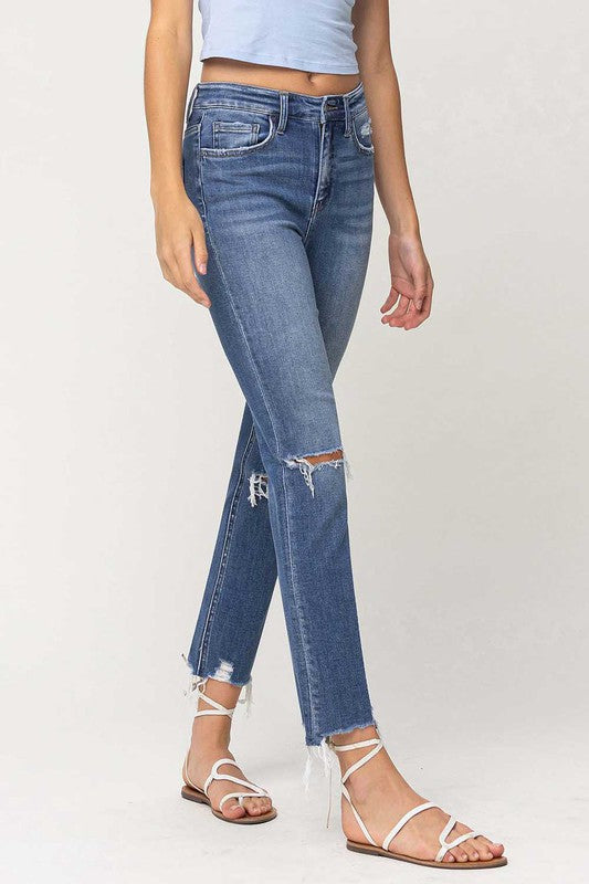 High Rise Distressed Hem Ankle Slim Straight Jeans