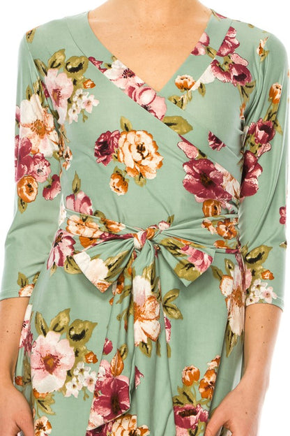 Floral print, faux wrap dress with deep V-neck