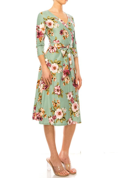 Floral print, faux wrap dress with deep V-neck