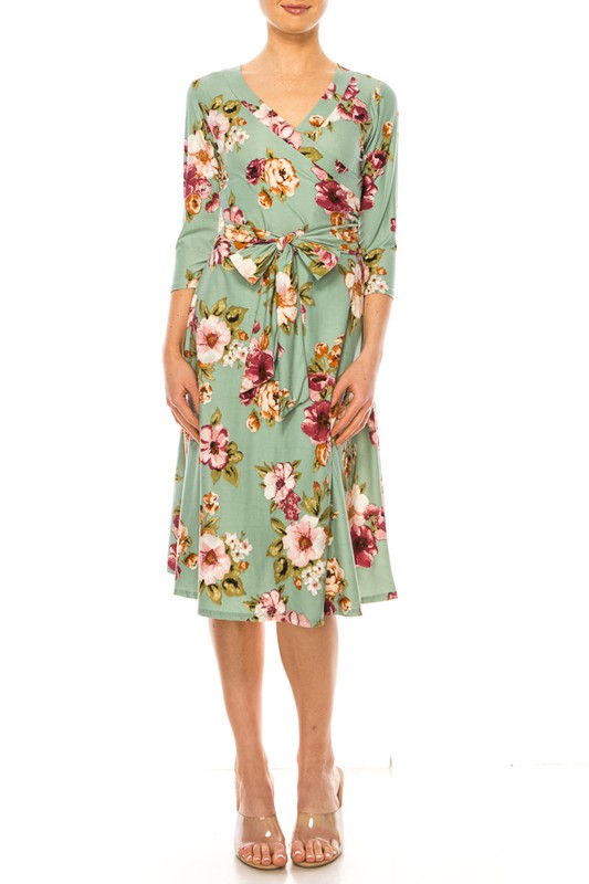 Floral print, faux wrap dress with deep V-neck