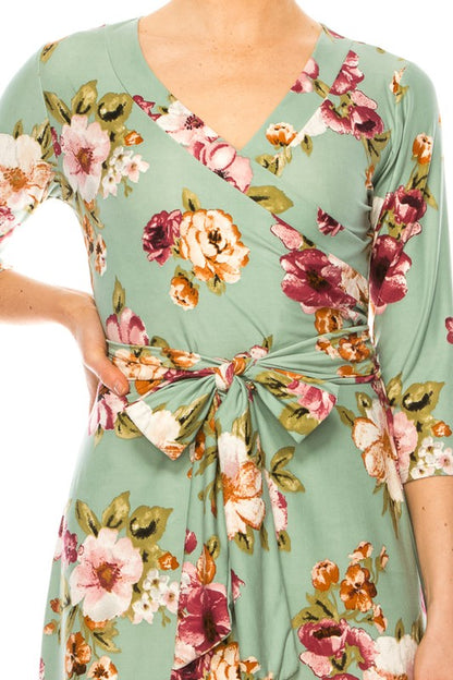 Floral print, faux wrap dress with deep V-neck