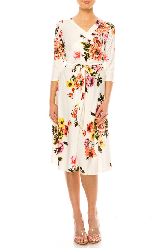 Floral print, faux wrap dress with deep V-neck