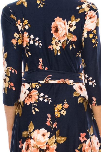 Floral print, faux wrap dress with deep V-neck