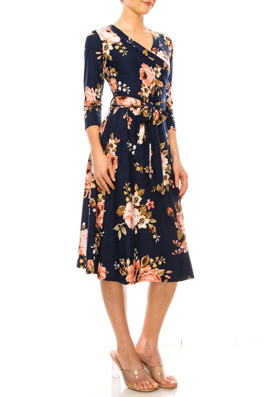 Floral print, faux wrap dress with deep V-neck