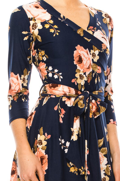 Floral print, faux wrap dress with deep V-neck