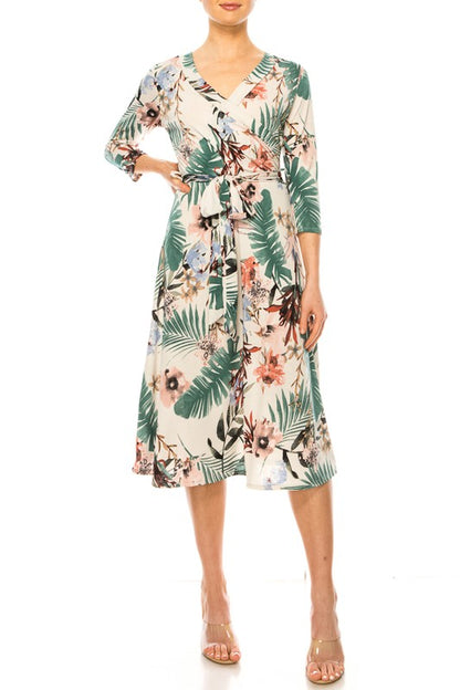 Floral print, faux wrap dress with deep V-neck