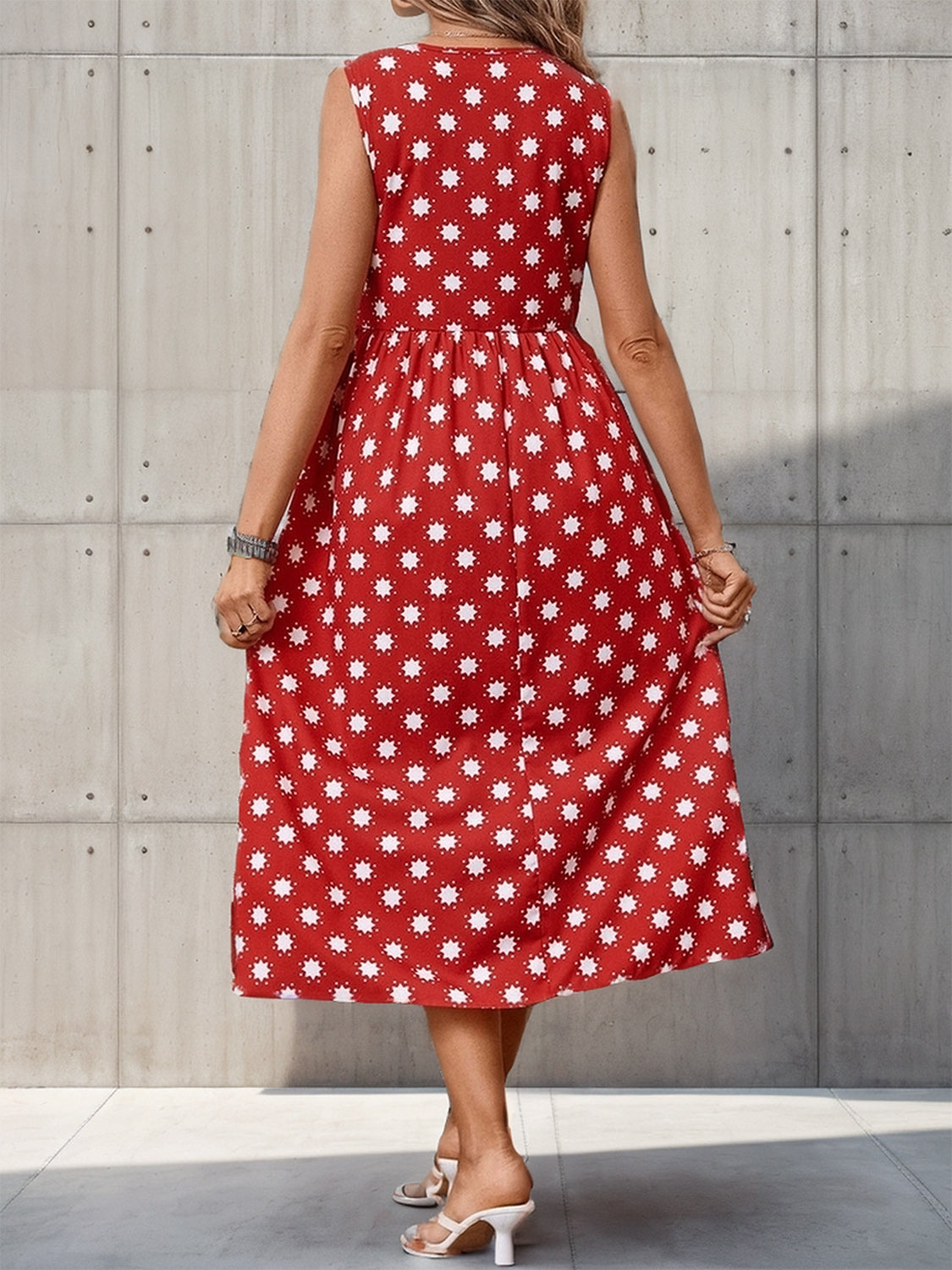 Perfee Printed V-Neck Sleeveless Midi Dress