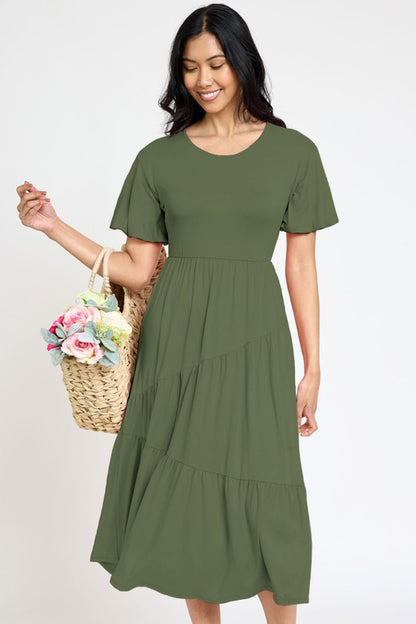 Solid Diagonal Tiered Flowy Dress