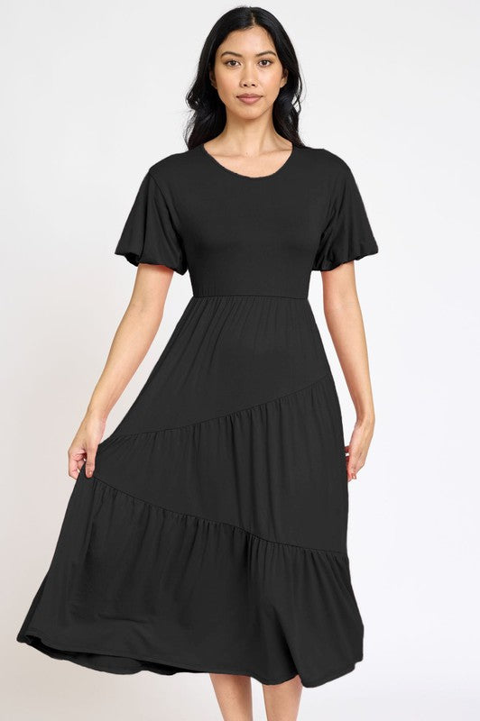 Plus Solid Diagonal Tiered Flowy Dress