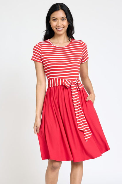 Short Sleeve Stripe Sash Dress