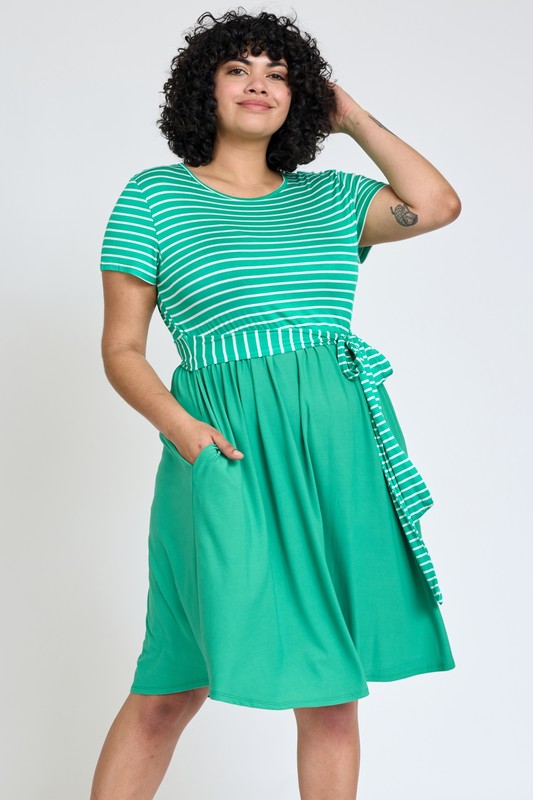 Plus Short Sleeve Stripe Sash Dress