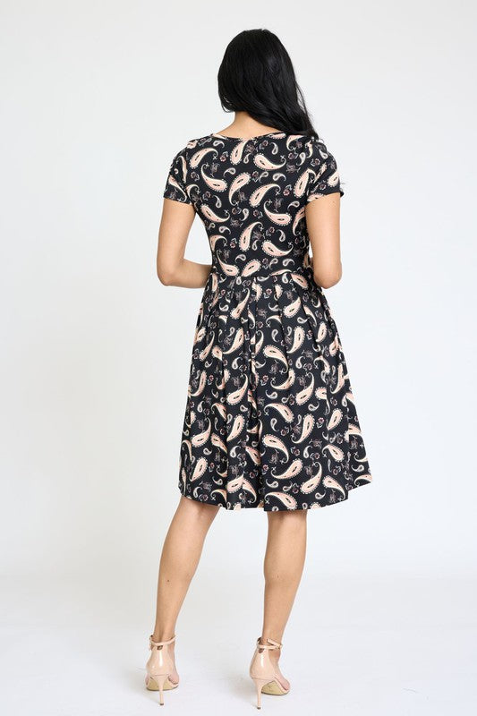 Paisley Short Sleeve Pleated Midi Dress