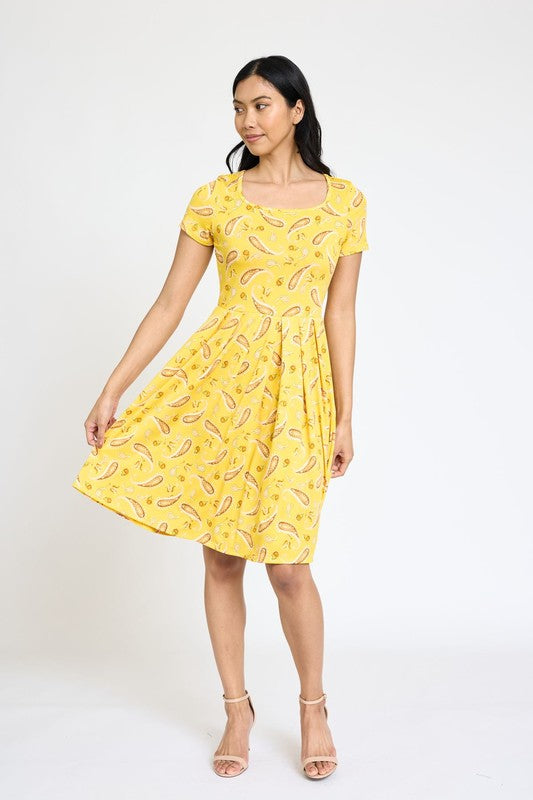 Paisley Short Sleeve Pleated Midi Dress