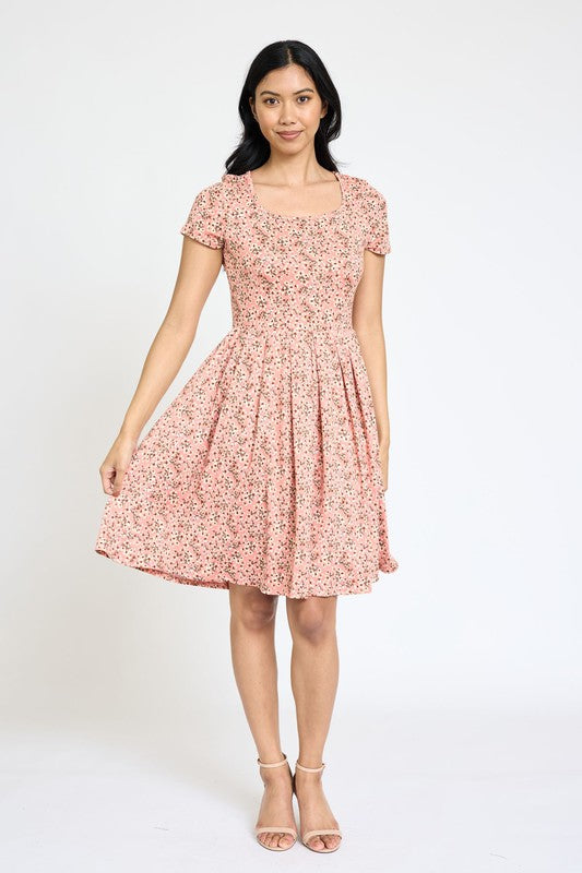 Floral Short Sleeve Pleated Midi Dress