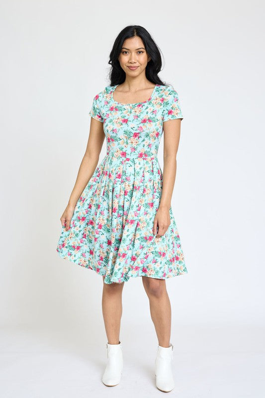 Floral Short Sleeve Pleated Midi Dress