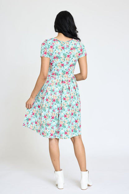 Floral Short Sleeve Pleated Midi Dress