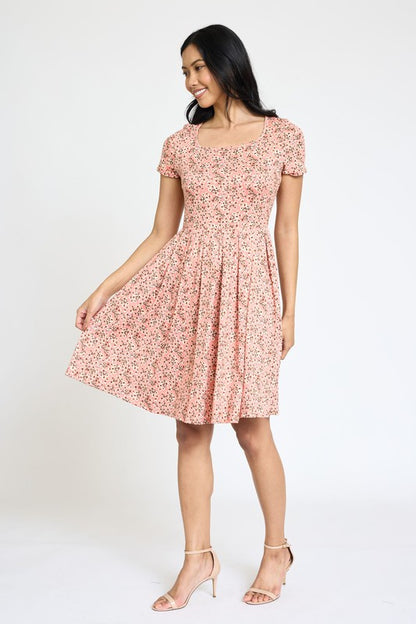 Floral Short Sleeve Pleated Midi Dress