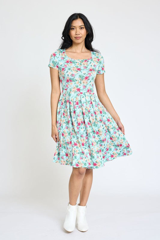 Floral Short Sleeve Pleated Midi Dress