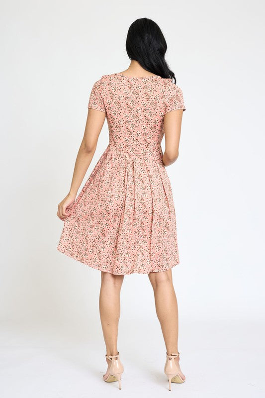 Floral Short Sleeve Pleated Midi Dress