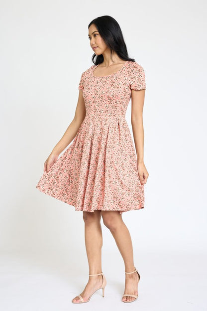 Floral Short Sleeve Pleated Midi Dress