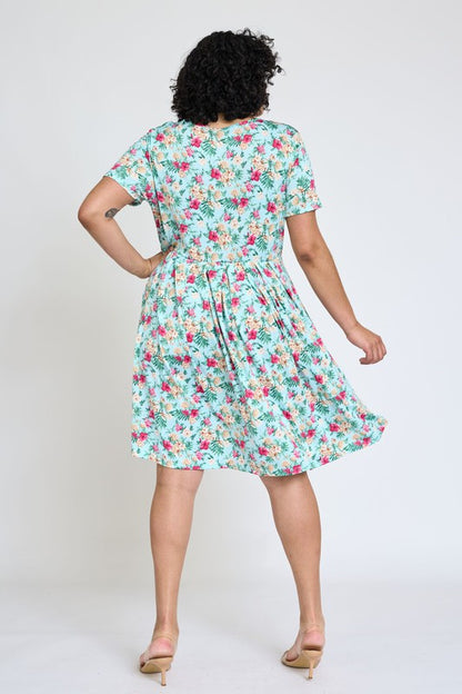 Plus Floral Short Sleeve Pleated Midi Dress