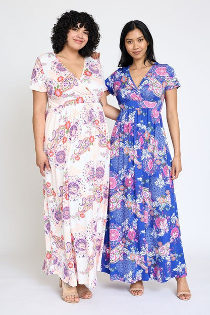 Plus Spring Pattern Surplice Maxi Dress