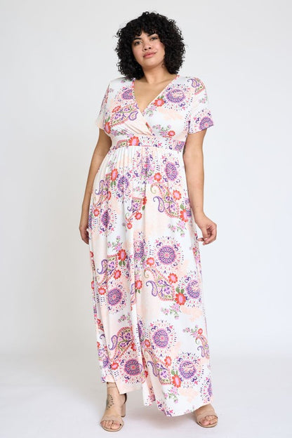 Plus Spring Pattern Surplice Maxi Dress