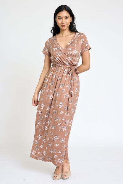 Floral Surplice Bodice Sash Maxi Dress