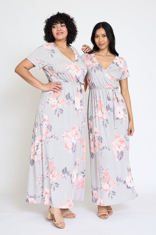 Floral Surplice Bodice Sash Maxi Dress