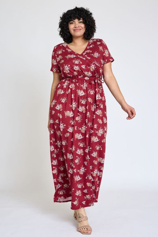 Plus Floral Surplice Bodice Sash Maxi Dress