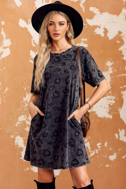 Vintage Washed Leopard T-Shirt Dress with Pockets