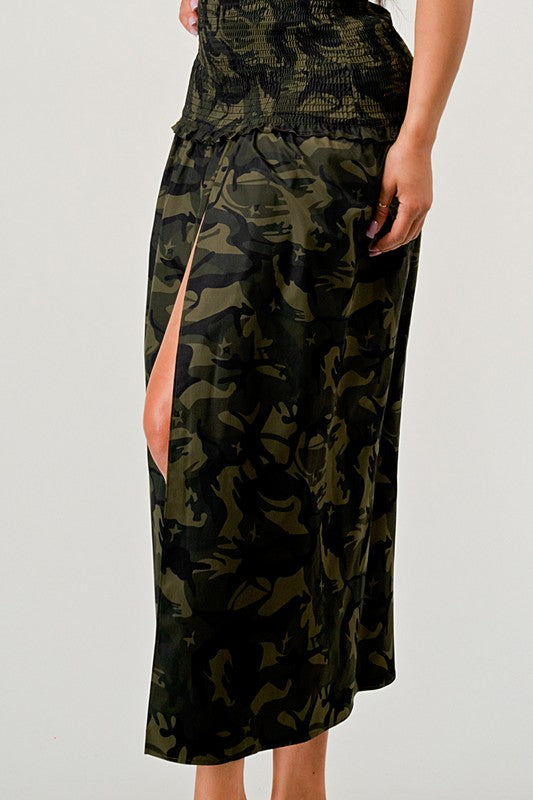 ATHINA DARK CAMO PRINT FRONT SLIT DRESS