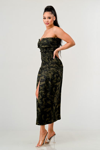 ATHINA DARK CAMO PRINT FRONT SLIT DRESS