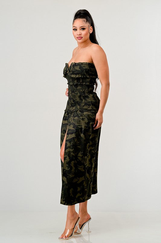 ATHINA DARK CAMO PRINT FRONT SLIT DRESS