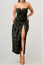 ATHINA DARK CAMO PRINT FRONT SLIT DRESS