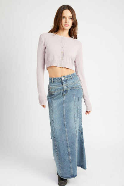 FLUTED DENIM MAXI SKIRT