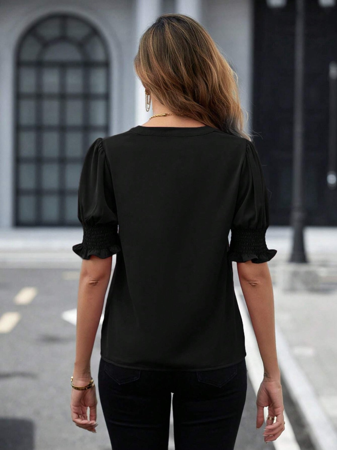 Notched Short Sleeve Blouse