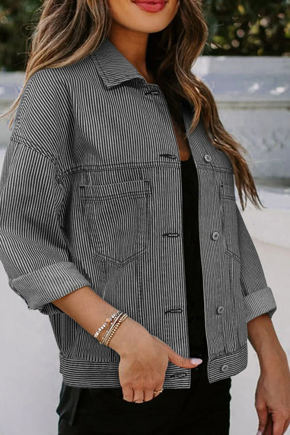 Striped Button Up Long Sleeve Denim Jacket