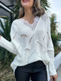 Perfee Lace Detail Openwork V-Neck Long Sleeve Sweater