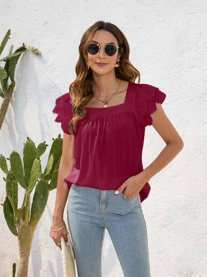 Ruffled Square Neck Cap Sleeve Blouse