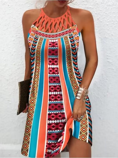 Printed Grecian Neck Mini Dress